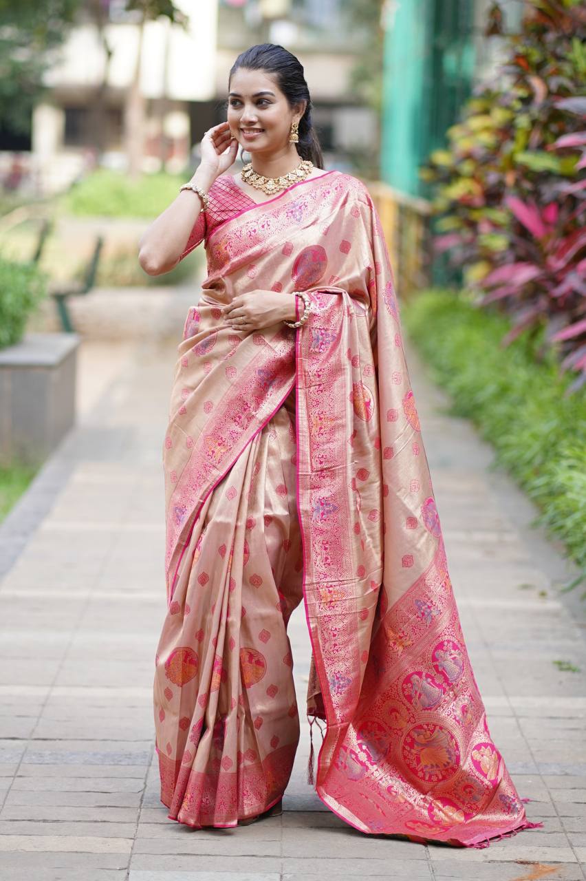 Antique Gold Luxury Silk Saree with Rani Pink Banarasi Peacock Pallu & Royal Zari Motifs