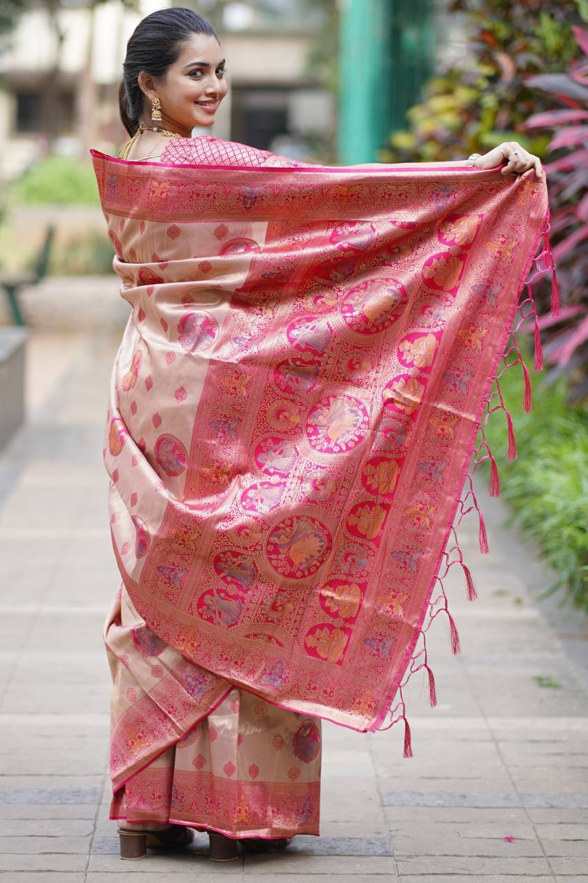 Antique Gold Luxury Silk Saree with Rani Pink Banarasi Peacock Pallu & Royal Zari Motifs