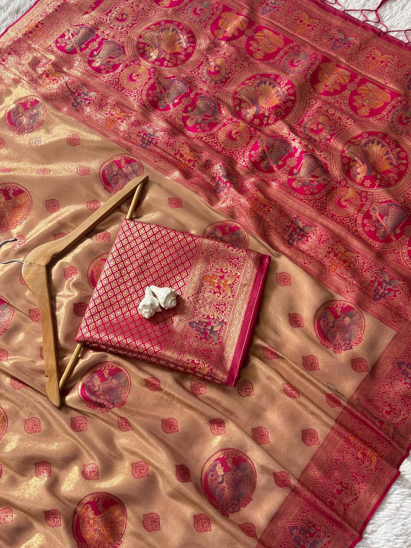 Antique Gold Luxury Silk Saree with Rani Pink Banarasi Peacock Pallu & Royal Zari Motifs
