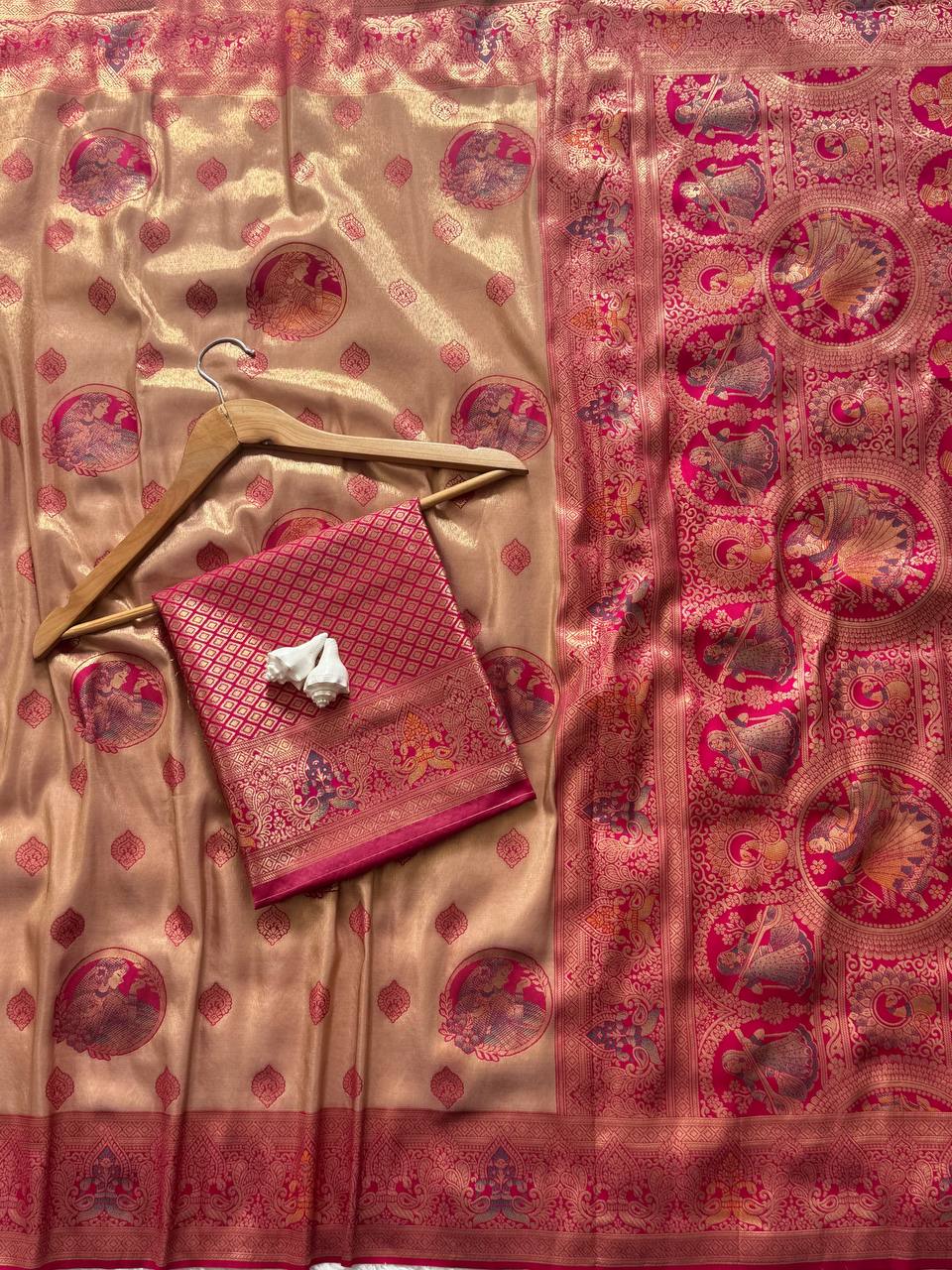 Antique Gold Luxury Silk Saree with Rani Pink Banarasi Peacock Pallu & Royal Zari Motifs