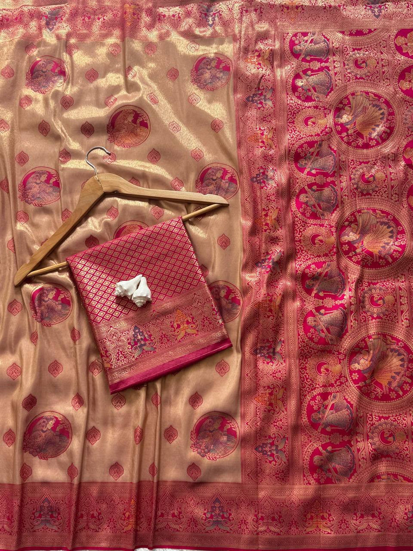 Antique Gold Luxury Silk Saree with Rani Pink Banarasi Peacock Pallu & Royal Zari Motifs