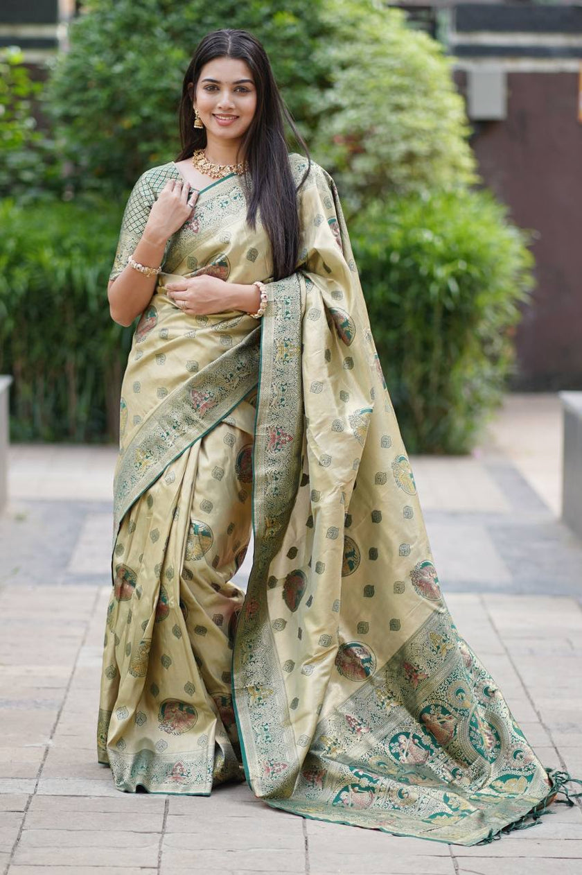 Antique Gold Luxury Silk Saree with Emerald Green Banarasi Peacock Pallu & Zari Butta Motifs
