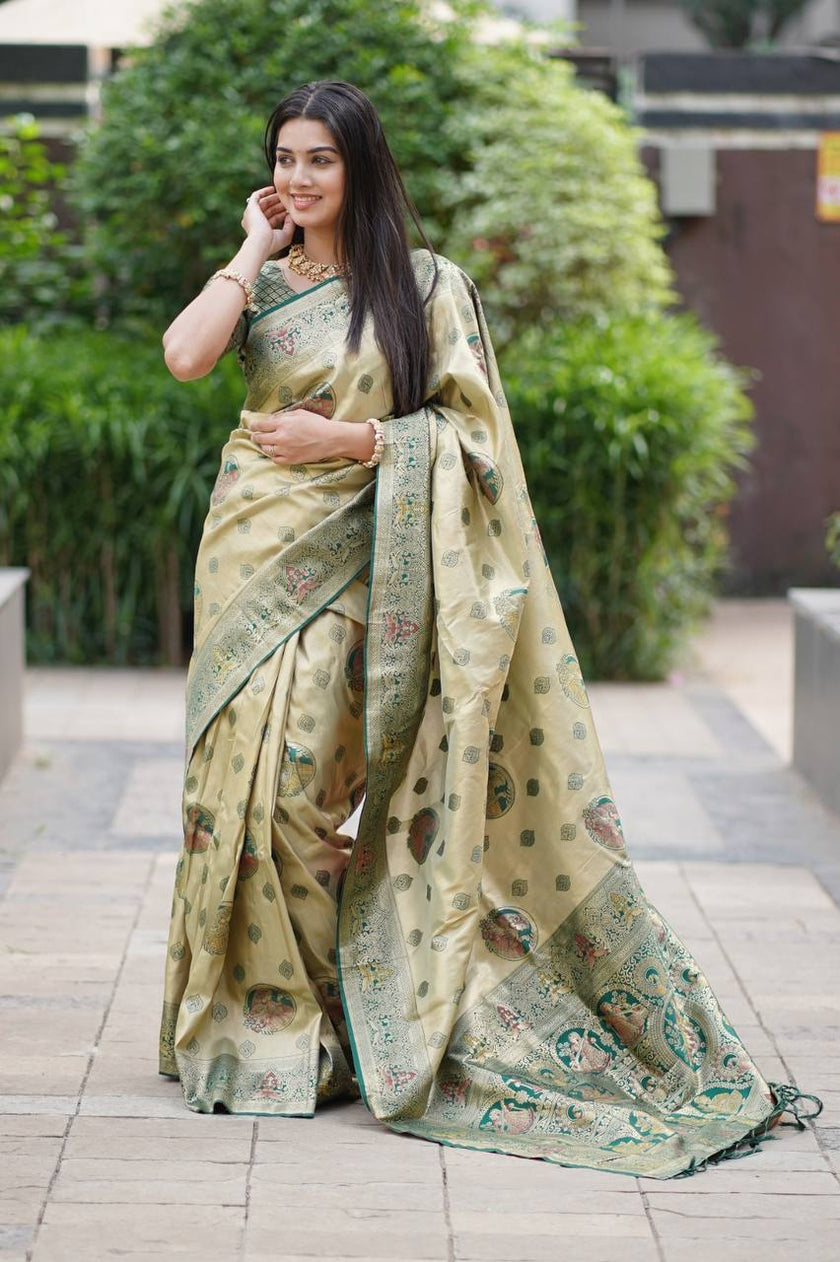 Antique Gold Luxury Silk Saree with Emerald Green Banarasi Peacock Pallu & Zari Butta Motifs