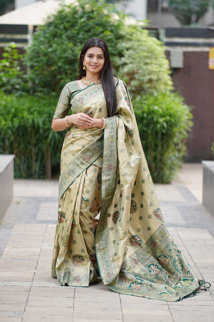 Antique Gold Luxury Silk Saree with Emerald Green Banarasi Peacock Pallu & Zari Butta Motifs