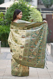 Antique Gold Luxury Silk Saree with Emerald Green Banarasi Peacock Pallu & Zari Butta Motifs