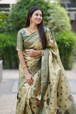 Antique Gold Luxury Silk Saree with Emerald Green Banarasi Peacock Pallu & Zari Butta Motifs