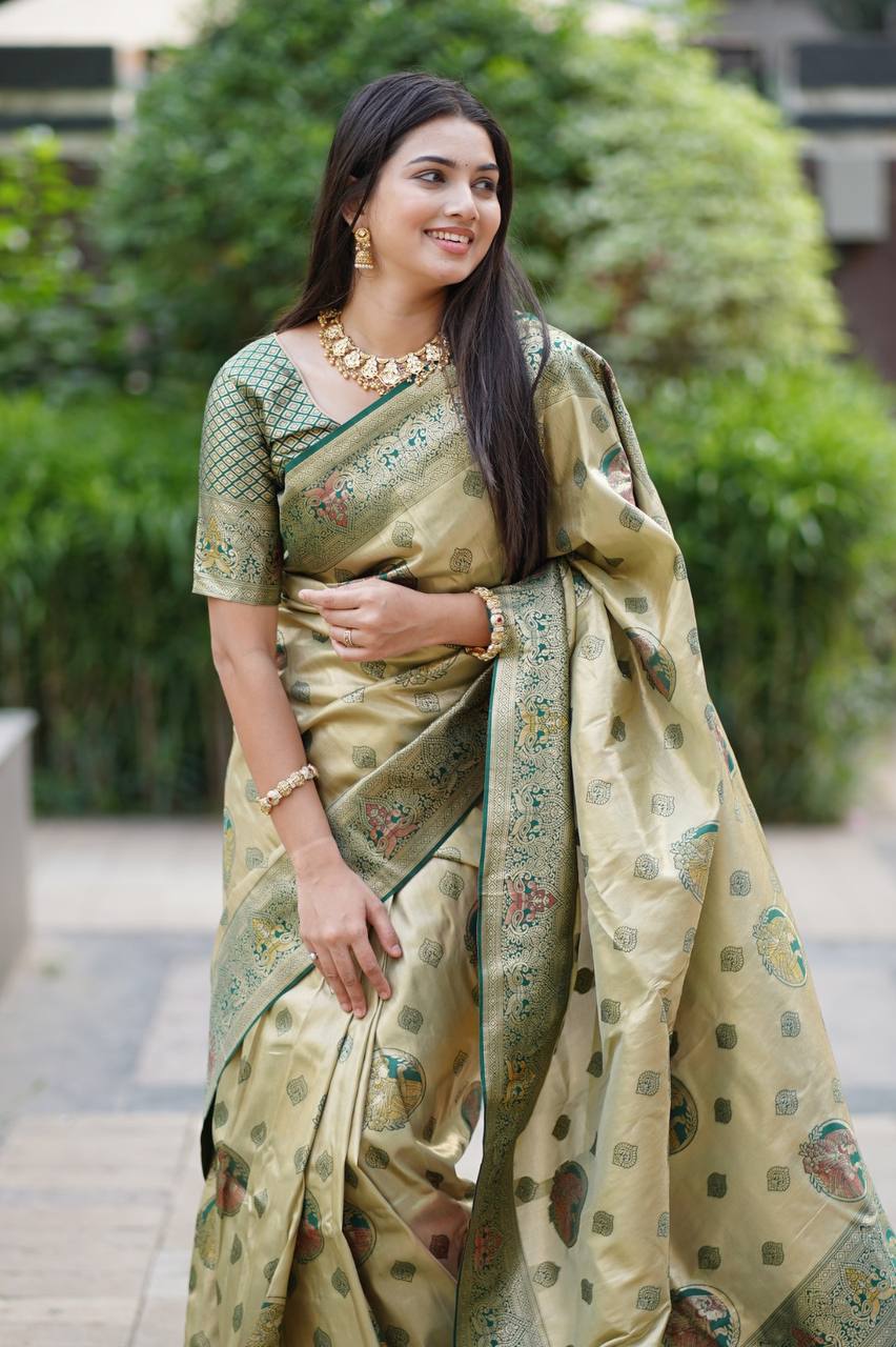 Antique Gold Luxury Silk Saree with Emerald Green Banarasi Peacock Pallu & Zari Butta Motifs