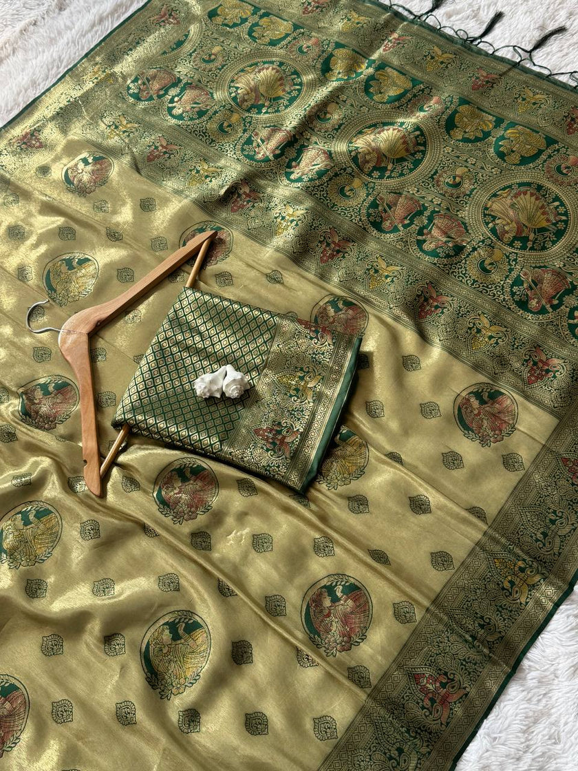 Antique Gold Luxury Silk Saree with Emerald Green Banarasi Peacock Pallu & Zari Butta Motifs