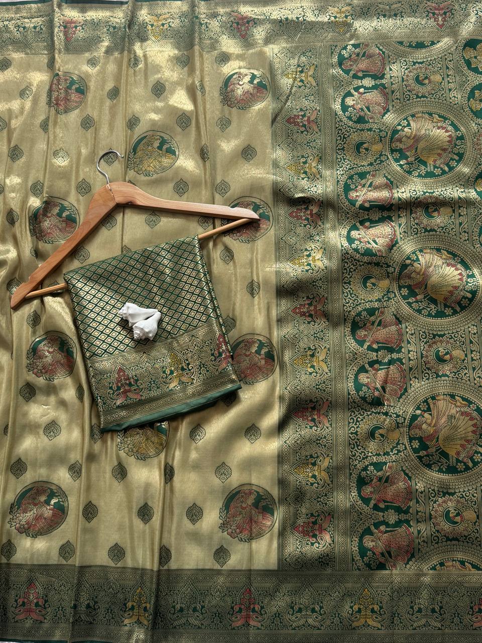 Antique Gold Luxury Silk Saree with Emerald Green Banarasi Peacock Pallu & Zari Butta Motifs