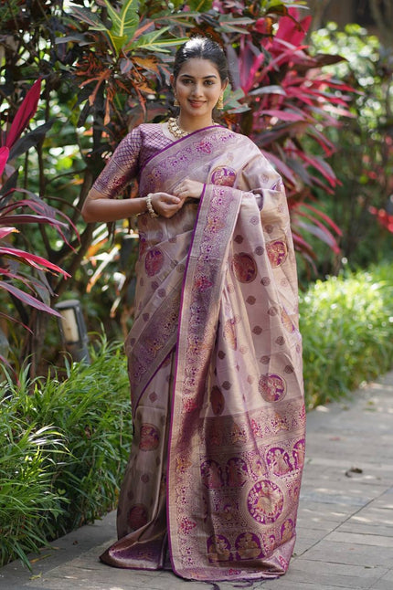 Antique Rose Gold Luxury Silk Saree with Royal Purple Banarasi Peacock Pallu & Zari Butta Motifs