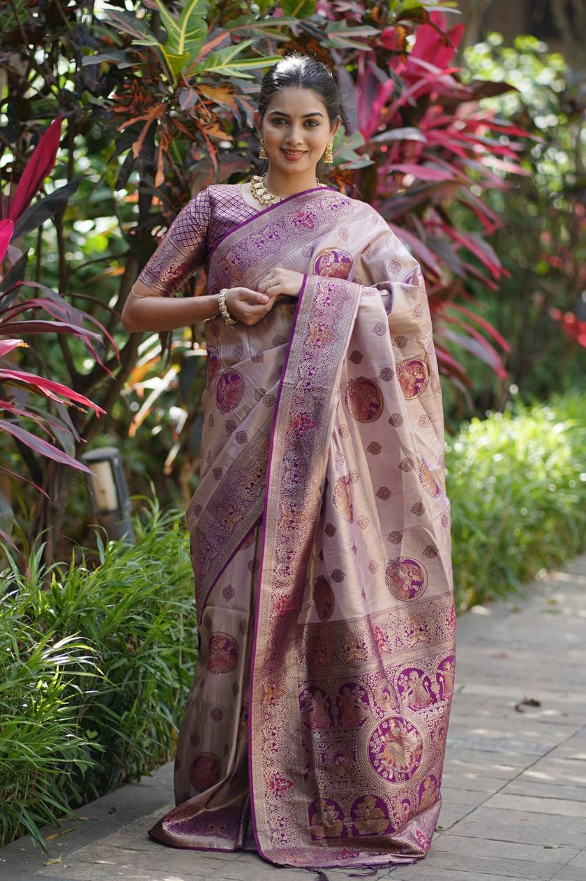 Antique Rose Gold Luxury Silk Saree with Royal Purple Banarasi Peacock Pallu & Zari Butta Motifs