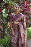 Antique Rose Gold Luxury Silk Saree with Royal Purple Banarasi Peacock Pallu & Zari Butta Motifs