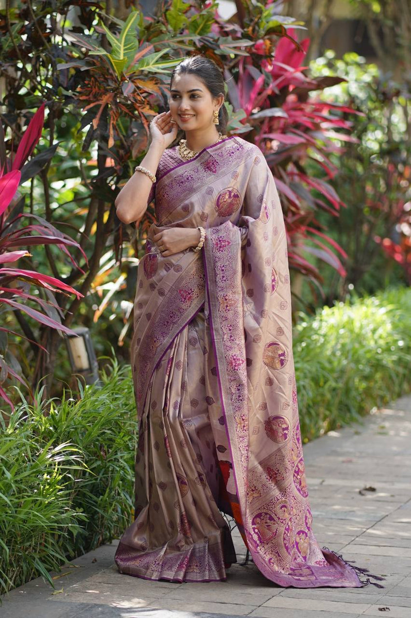 Antique Rose Gold Luxury Silk Saree with Royal Purple Banarasi Peacock Pallu & Zari Butta Motifs