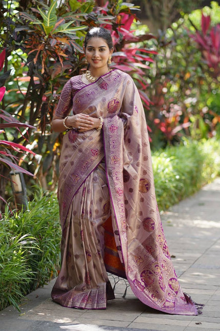 Antique Rose Gold Luxury Silk Saree with Royal Purple Banarasi Peacock Pallu & Zari Butta Motifs