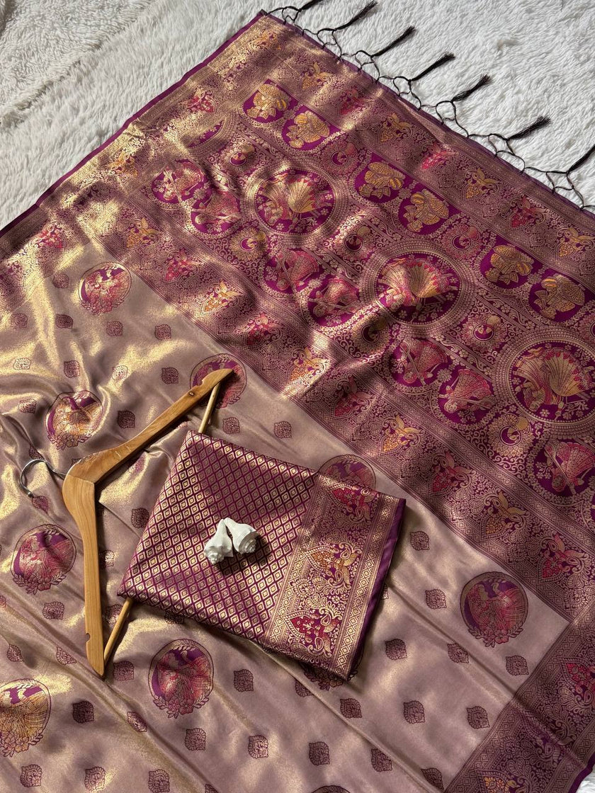 Antique Rose Gold Luxury Silk Saree with Royal Purple Banarasi Peacock Pallu & Zari Butta Motifs