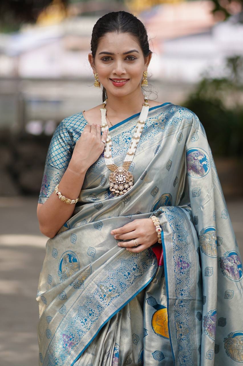 Silver Grey Luxury Silk Saree with Teal Blue Banarasi Peacock Pallu & Zari Butta Motifs