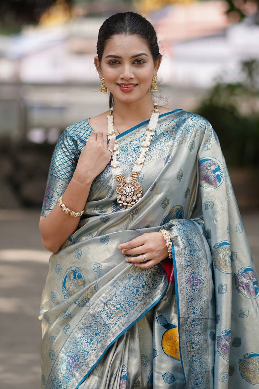 Silver Grey Luxury Silk Saree with Teal Blue Banarasi Peacock Pallu & Zari Butta Motifs