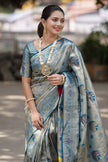 Silver Grey Luxury Silk Saree with Teal Blue Banarasi Peacock Pallu & Zari Butta Motifs
