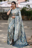 Silver Grey Luxury Silk Saree with Teal Blue Banarasi Peacock Pallu & Zari Butta Motifs