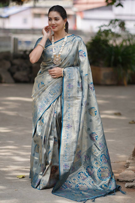 Silver Grey Luxury Silk Saree with Teal Blue Banarasi Peacock Pallu & Zari Butta Motifs