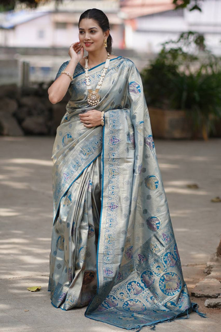 Silver Grey Luxury Silk Saree with Teal Blue Banarasi Peacock Pallu & Zari Butta Motifs