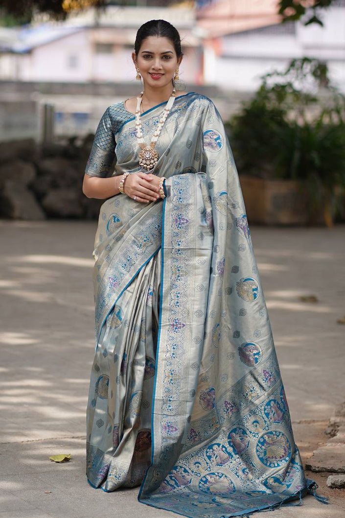 Silver Grey Luxury Silk Saree with Teal Blue Banarasi Peacock Pallu & Zari Butta Motifs