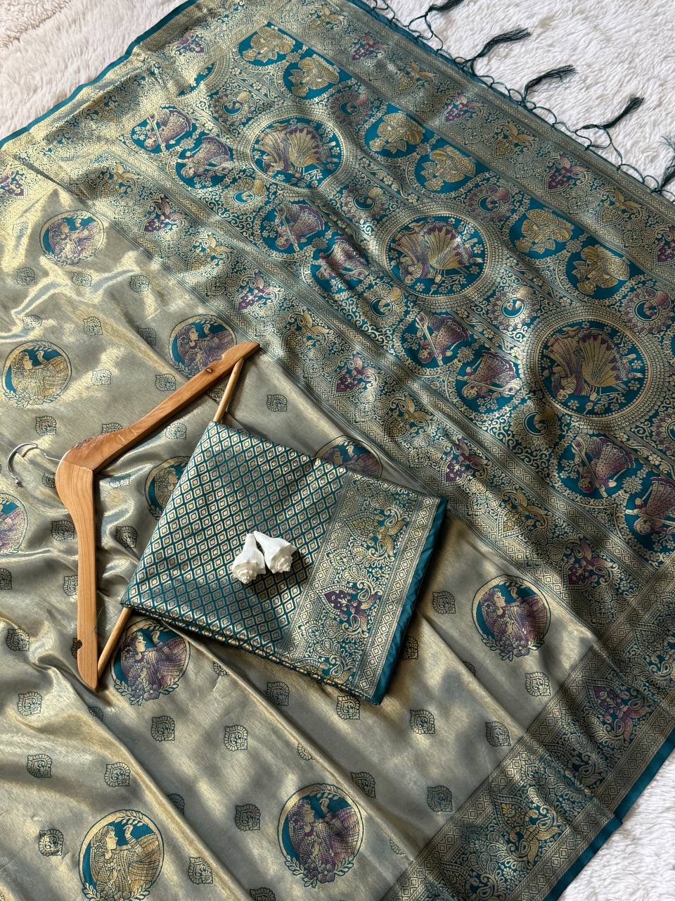 Silver Grey Luxury Silk Saree with Teal Blue Banarasi Peacock Pallu & Zari Butta Motifs