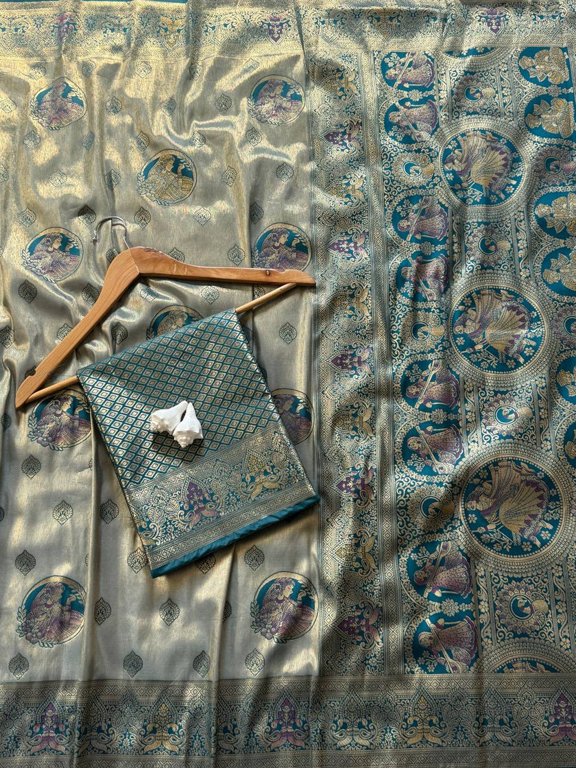 Silver Grey Luxury Silk Saree with Teal Blue Banarasi Peacock Pallu & Zari Butta Motifs