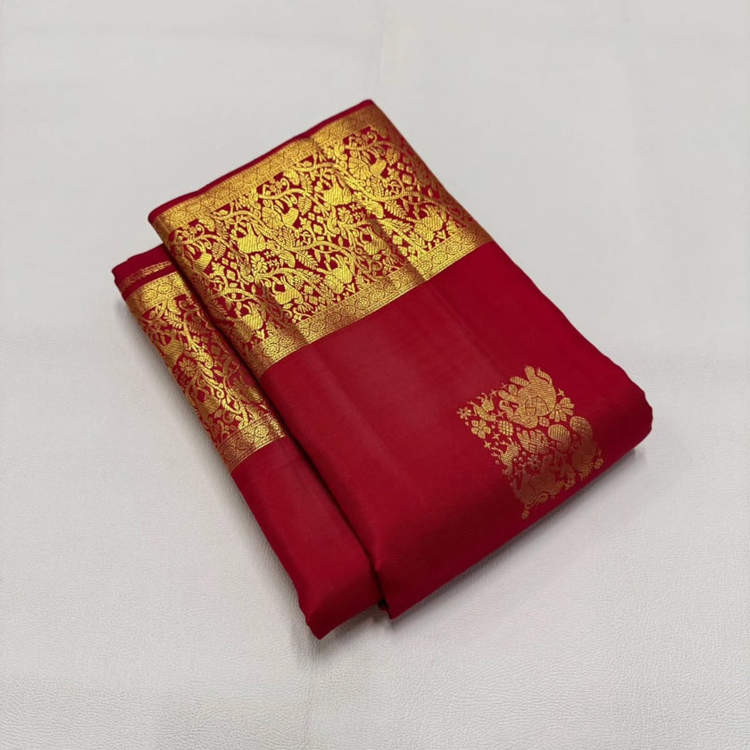 Royal Crimson Banarasi Silk Saree with Antique Gold Zari Floral Border