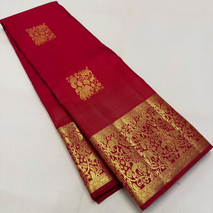 Royal Crimson Banarasi Silk Saree with Antique Gold Zari Floral Border