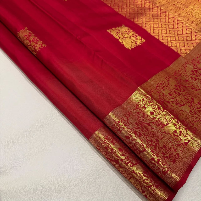 Royal Crimson Banarasi Silk Saree with Antique Gold Zari Floral Border