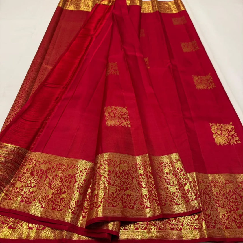 Royal Crimson Banarasi Silk Saree with Antique Gold Zari Floral Border