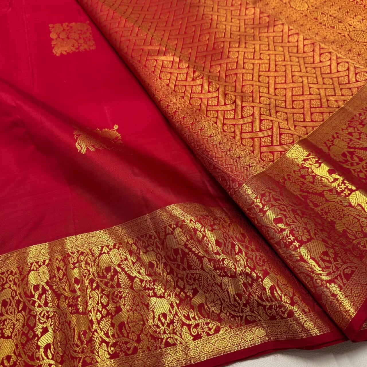 Royal Crimson Banarasi Silk Saree with Antique Gold Zari Floral Border