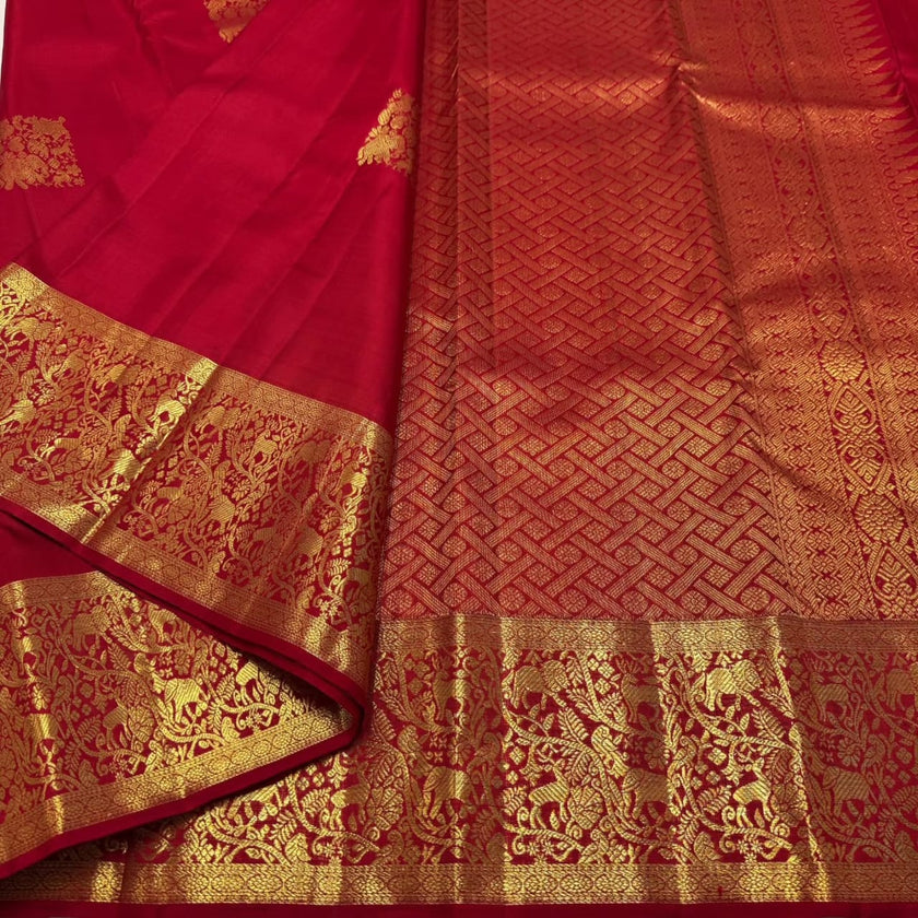 Royal Crimson Banarasi Silk Saree with Antique Gold Zari Floral Border