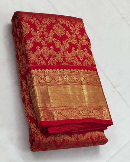 Imperial Red Banarasi Silk Saree with Grand Peacock & Floral Zari Weave