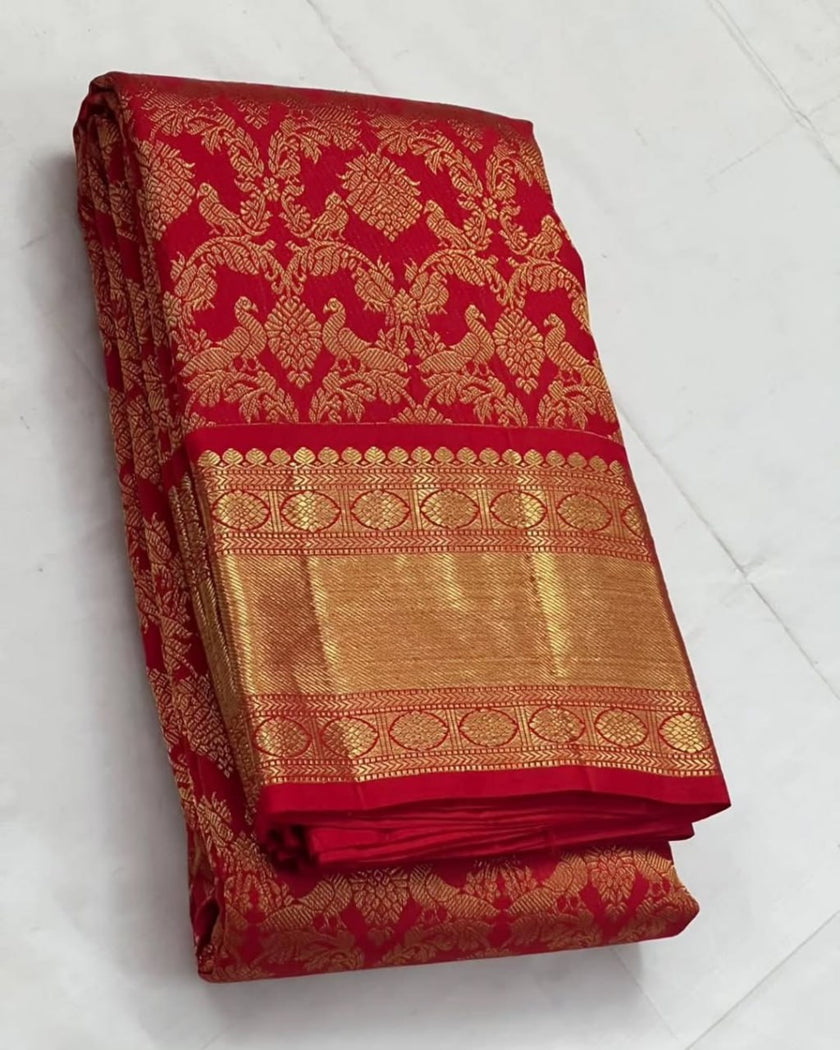 Imperial Red Banarasi Silk Saree with Grand Peacock & Floral Zari Weave