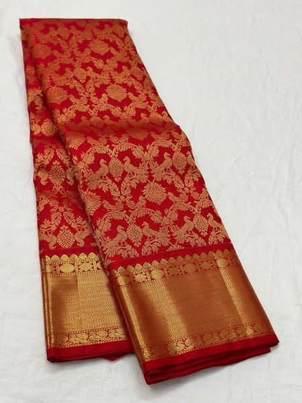 Imperial Red Banarasi Silk Saree with Grand Peacock & Floral Zari Weave