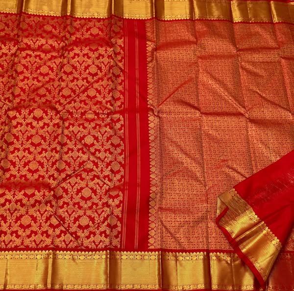 Imperial Red Banarasi Silk Saree with Grand Peacock & Floral Zari Weave