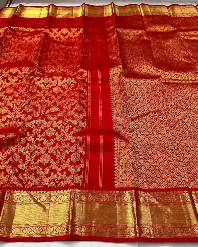 Imperial Red Banarasi Silk Saree with Grand Peacock & Floral Zari Weave