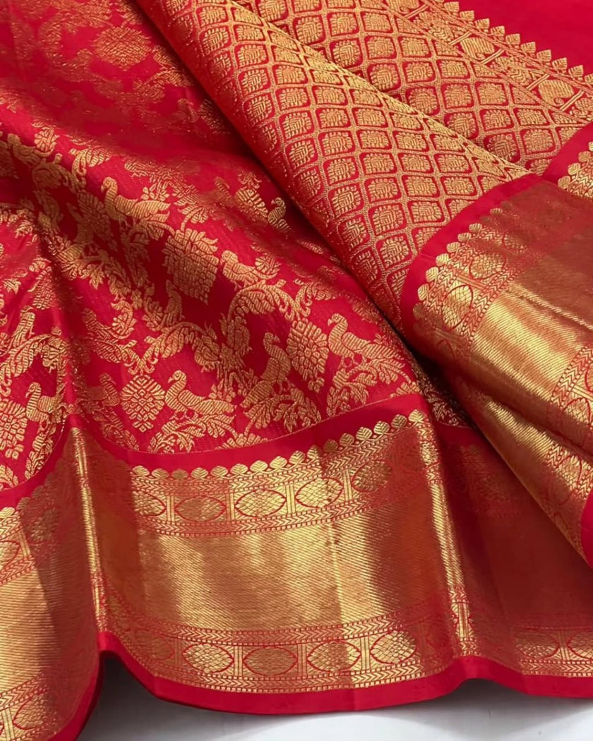 Imperial Red Banarasi Silk Saree with Grand Peacock & Floral Zari Weave