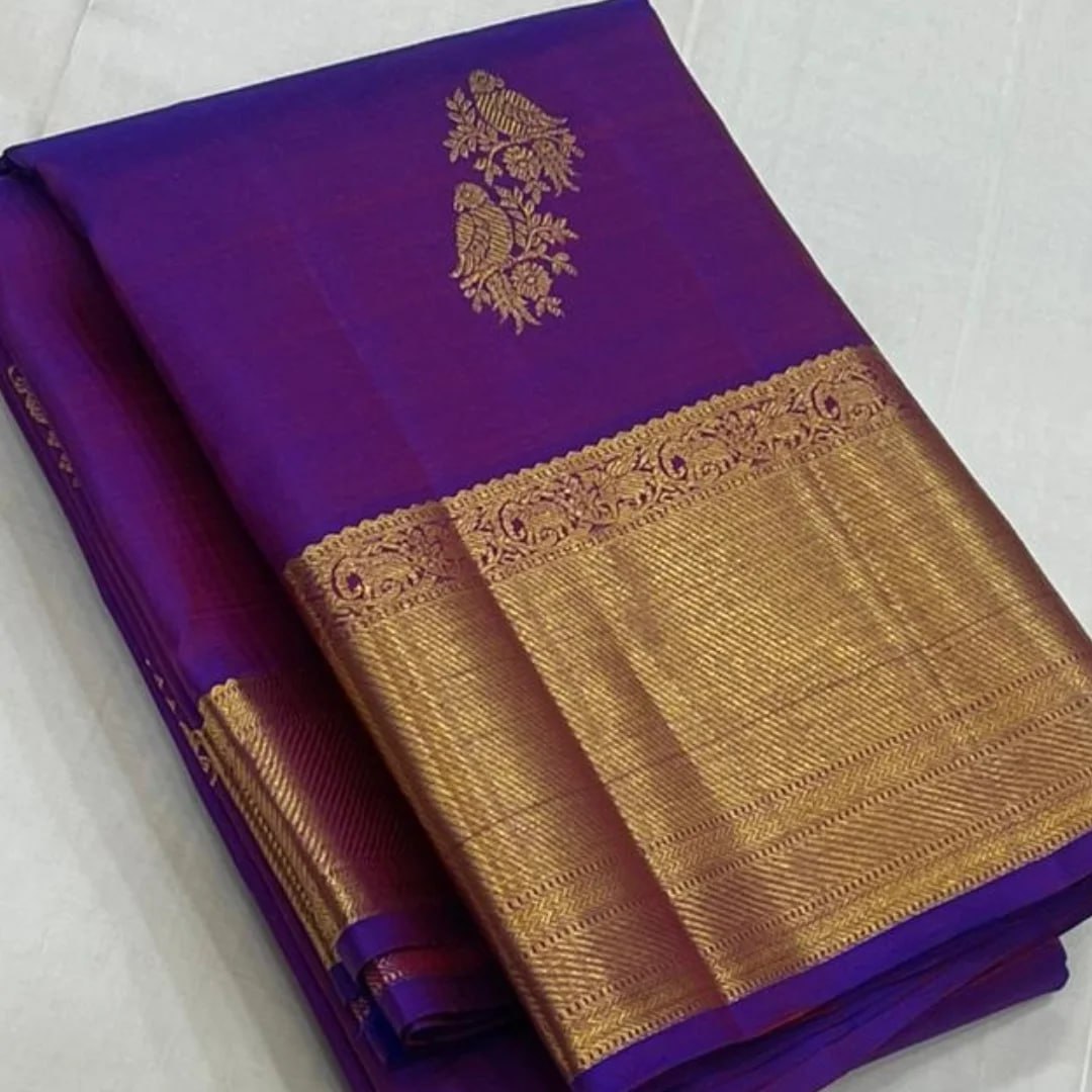 Regal Royal Purple Banarasi Silk Saree with Antique Gold Zari Temple Border