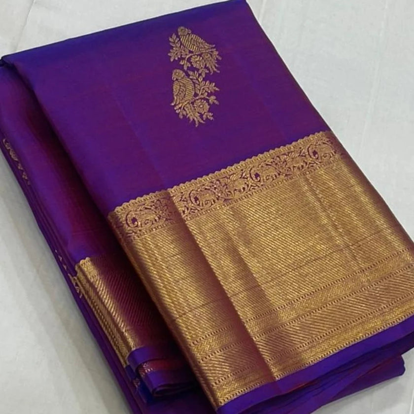 Regal Royal Purple Banarasi Silk Saree with Antique Gold Zari Temple Border
