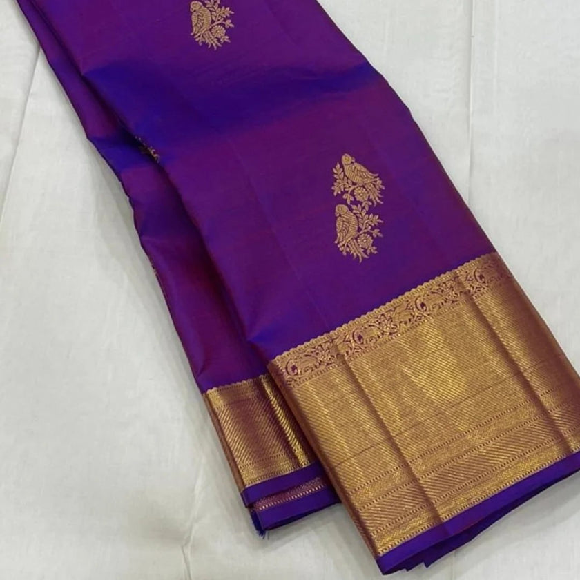 Regal Royal Purple Banarasi Silk Saree with Antique Gold Zari Temple Border