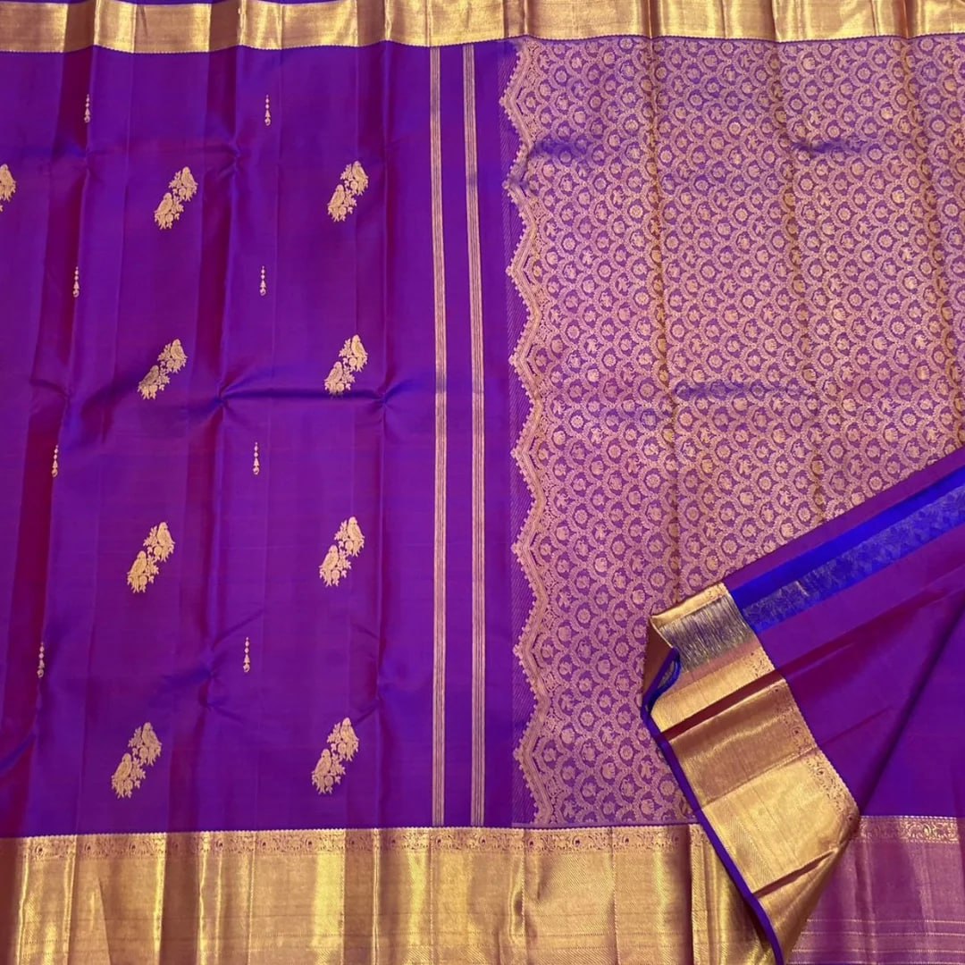 Regal Royal Purple Banarasi Silk Saree with Antique Gold Zari Temple Border