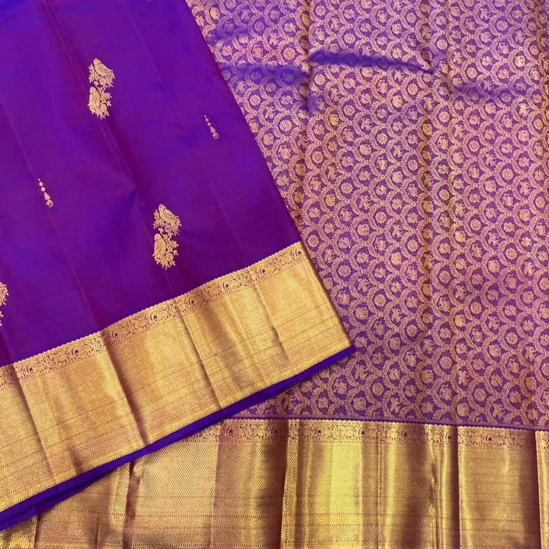 Regal Royal Purple Banarasi Silk Saree with Antique Gold Zari Temple Border