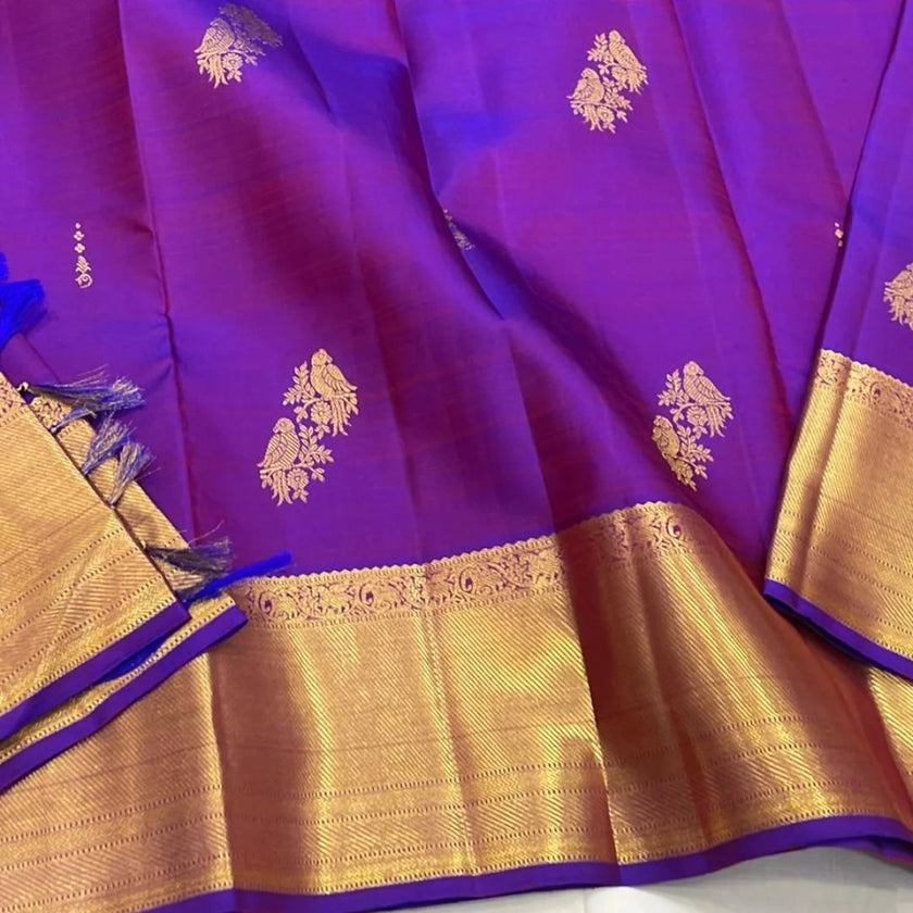 Regal Royal Purple Banarasi Silk Saree with Antique Gold Zari Temple Border