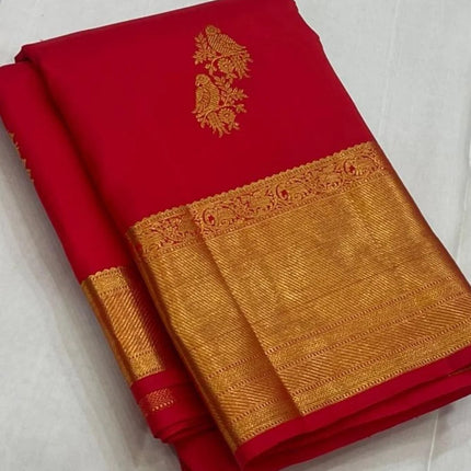 Majestic Crimson Red Banarasi Silk Saree with Grand Antique Gold Zari Border