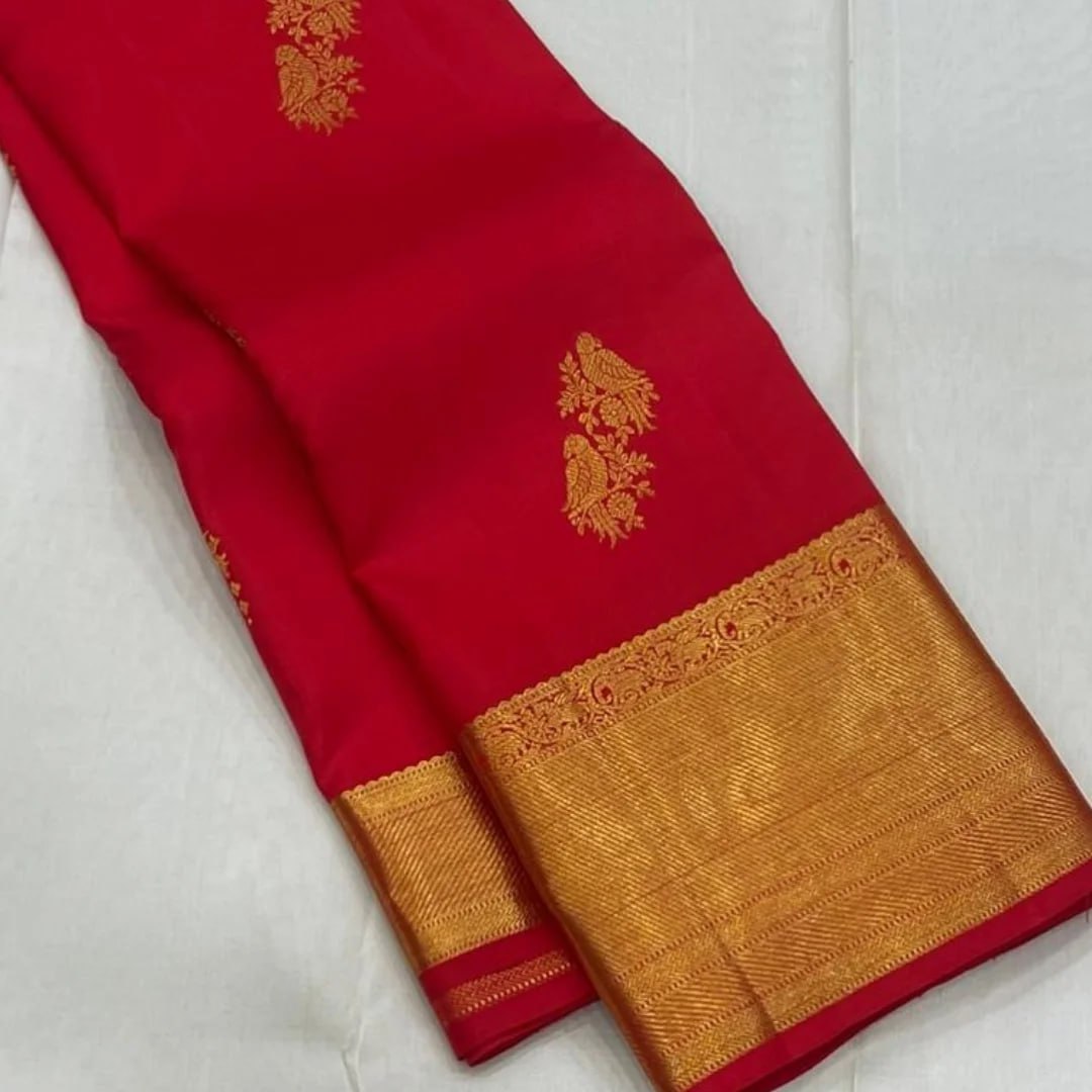 Majestic Crimson Red Banarasi Silk Saree with Grand Antique Gold Zari Border