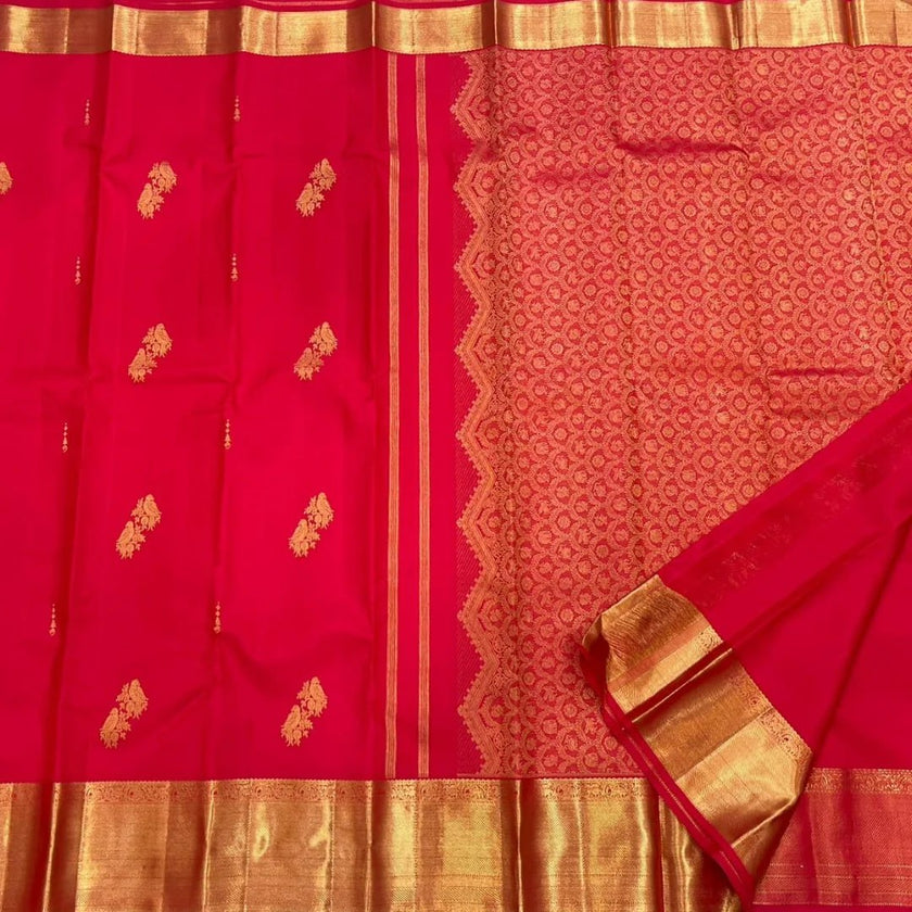 Majestic Crimson Red Banarasi Silk Saree with Grand Antique Gold Zari Border