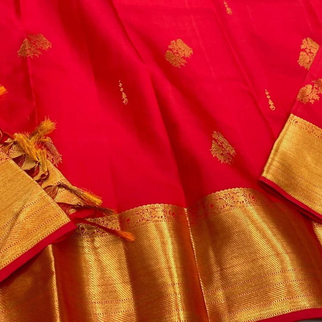 Majestic Crimson Red Banarasi Silk Saree with Grand Antique Gold Zari Border